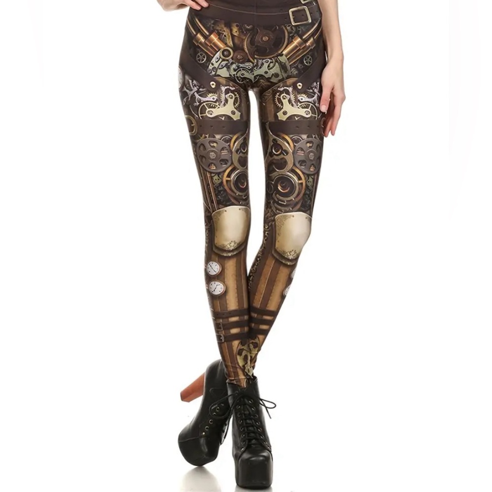 New Steampunk Mechanical Gear Print Elastic legging Sz S/M Tag large But Fit 6/8